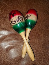 Signed Maracas Mexican Wooden Shakers Hand Painted Native Folk Art D cor 10in PV