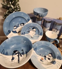 24 pc Canterbury Snow Valley Stoneware Service For 4 w/xtras Plates, Bowls, Mugs