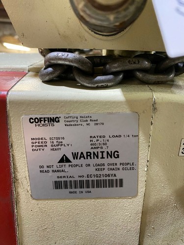 Coffing 1/4 Ton Electric Chain Hoist,  Model: ECT0516, 15 FT Lift, 230/460-3-60V - Picture 8 of 10