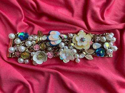 Betsey Johnson Beach Party Pink Blue Yellow Sequin Flower Iridescent  Bracelet