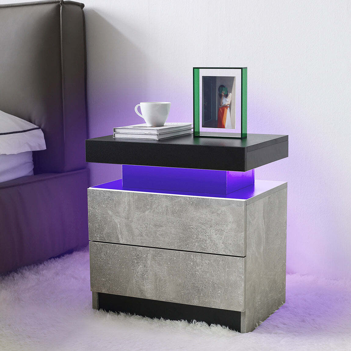 Modern Nightstand w/ LED Lights & 2 Drawers - Gray