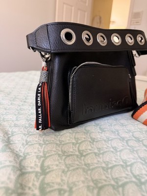 Desigual Black Shoulder Bag Grommet Accents Detachable Orange Stripe Strap Women