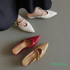 Womens Mid Heel Leather Mules Slippers Dress Shoes Pointed Toe Comfort Casual OL