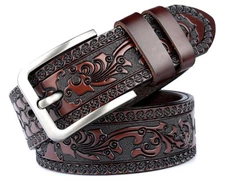 Men’s Western Floral Tooled Genuine Leather Belt – Square Buckle Casual Wear