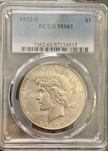1923-S $1 Peace Silver Dollar PCGS MS 61 Silver Melt Value$90
