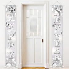 2026 Happy New Year Door Banner Silver Glitter Porch Sign Decor