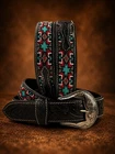 Full Grain Leather Hand Tooled Western Belt Cowboy Rodeo Beaded Removable Buckle