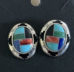 Fantastic Sterling Silver Zuni Multi-stone Inlay Native American Earrings