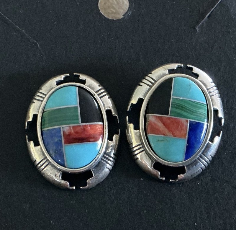 Fantastic Sterling Silver Zuni Multi-stone Inlay Native American Earrings