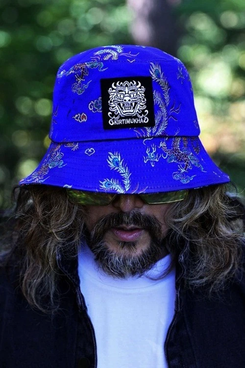 Mukha Embroidery Patch Oriental Fabric Bucket Hat Unisex Fashion Headwear Blue