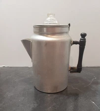 Vintage 1950's COFFEE PERCOLATOR  Glass Top. Hinged Lid Wood Handle Revised Pics