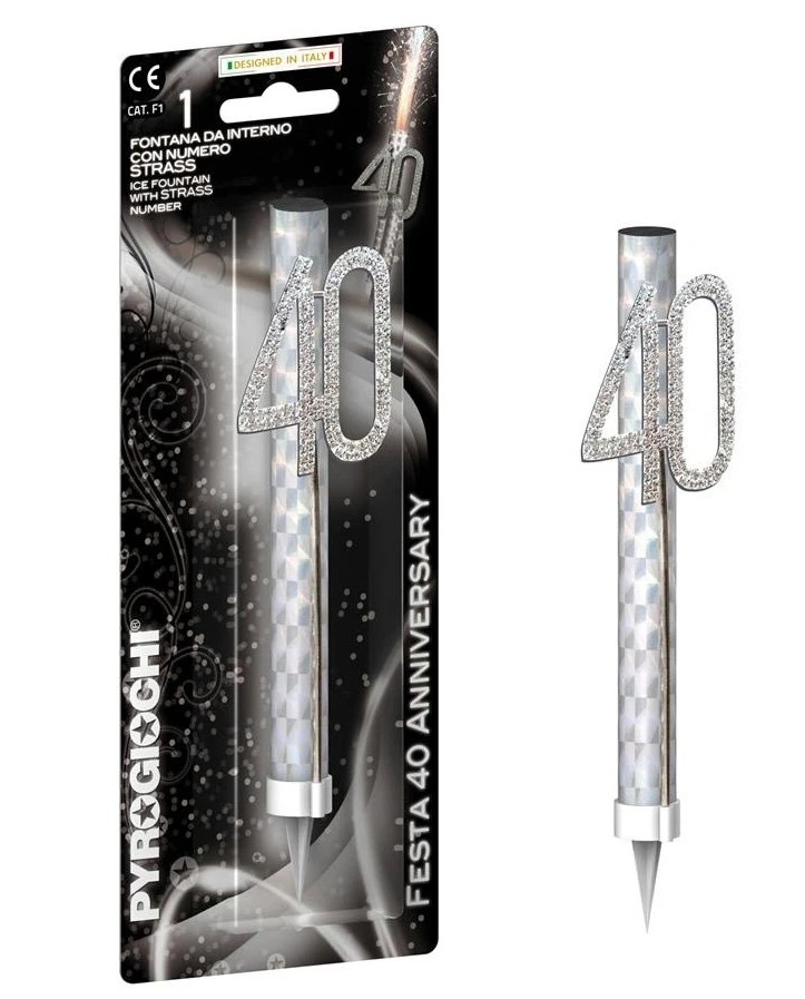 Candela Fiaccola 40 anni - Fontana per Torta con numero glitterato Argento - Immagine 2 di 2