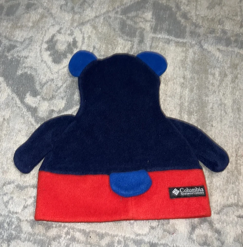 Vintage Columbia Fleece Toddler One Size Bear Hat Red Blue - Image 2 of 3