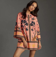 Farm Rio Palm Shift Dress Mini Tee Shirt Tropical Leaves Beach Pink Size XS NEW