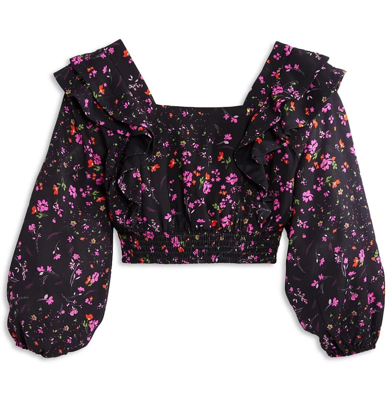 Aqua Girls Floral Print Ruffled Top Big Kid Exclusive Color Black Multi L 10/12
