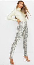 Prettylittlething Stone Snake Faux Leather Split Hem Leggings Animal Print Chic