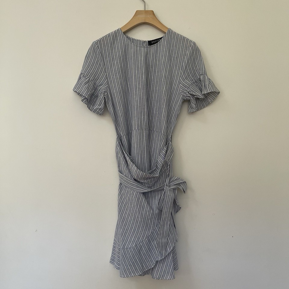 Decjuba Womens Dress, Size 8, Linen Faux Wrap Striped Flutter "Maya"