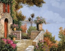 ceramic tile mural backsplash. ocean view from Tuscany terrace garden courtyard