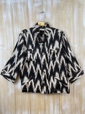 Chico s 100 Linen Luda Shacket Size 2 White Brown Ikat 3/4 Sleeve Jacket NWT