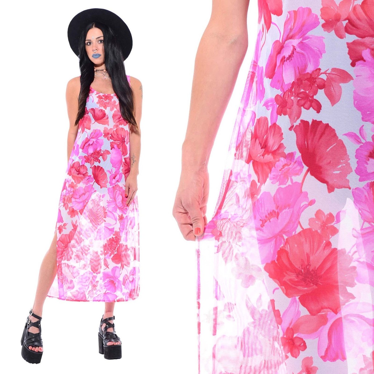 Vtg 90s Floral SHEER MESH Grunge Club-Kid Tropical Cyber