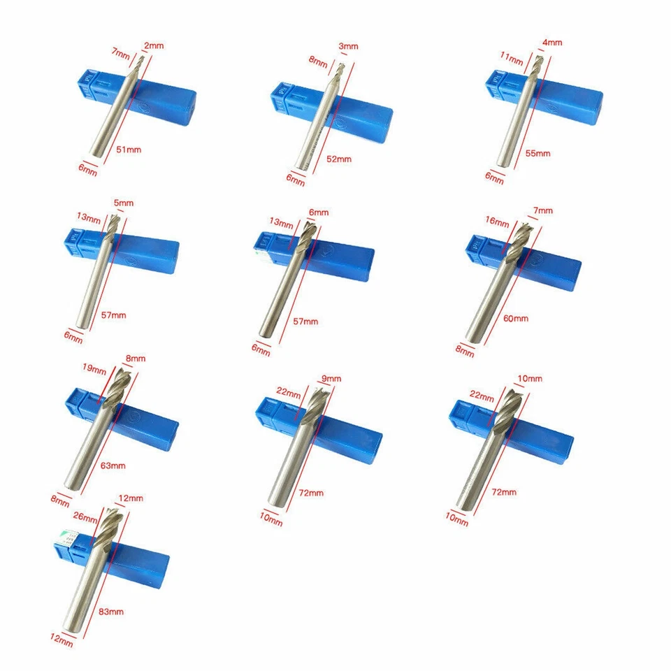 10Pcs/set 2-12mm HSS Straight Shank 4 Flute Cutter End Mill CNC Drill Bit Tool - Image 2 of 4