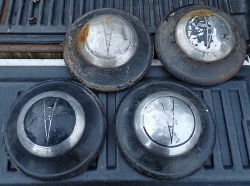 Antique Set Of Four Black And Silver V8 Ford Hubcaps 1936 1937 1938 1939