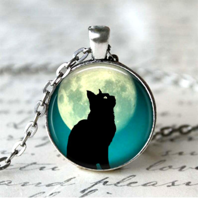 BLACK CAT MOON 1'' Handmade Pendant Charm Sterling 925 Silver 22'' Necklace Gift