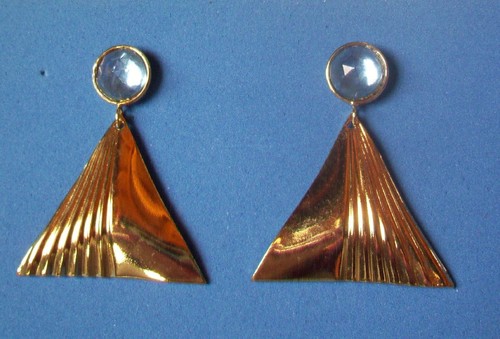 GOLD PLATE Dangle Earrings- FANCY TRIANGLE DROP DESIGN WITH BLUE GLASS ACCENT - Picture 3 of 3