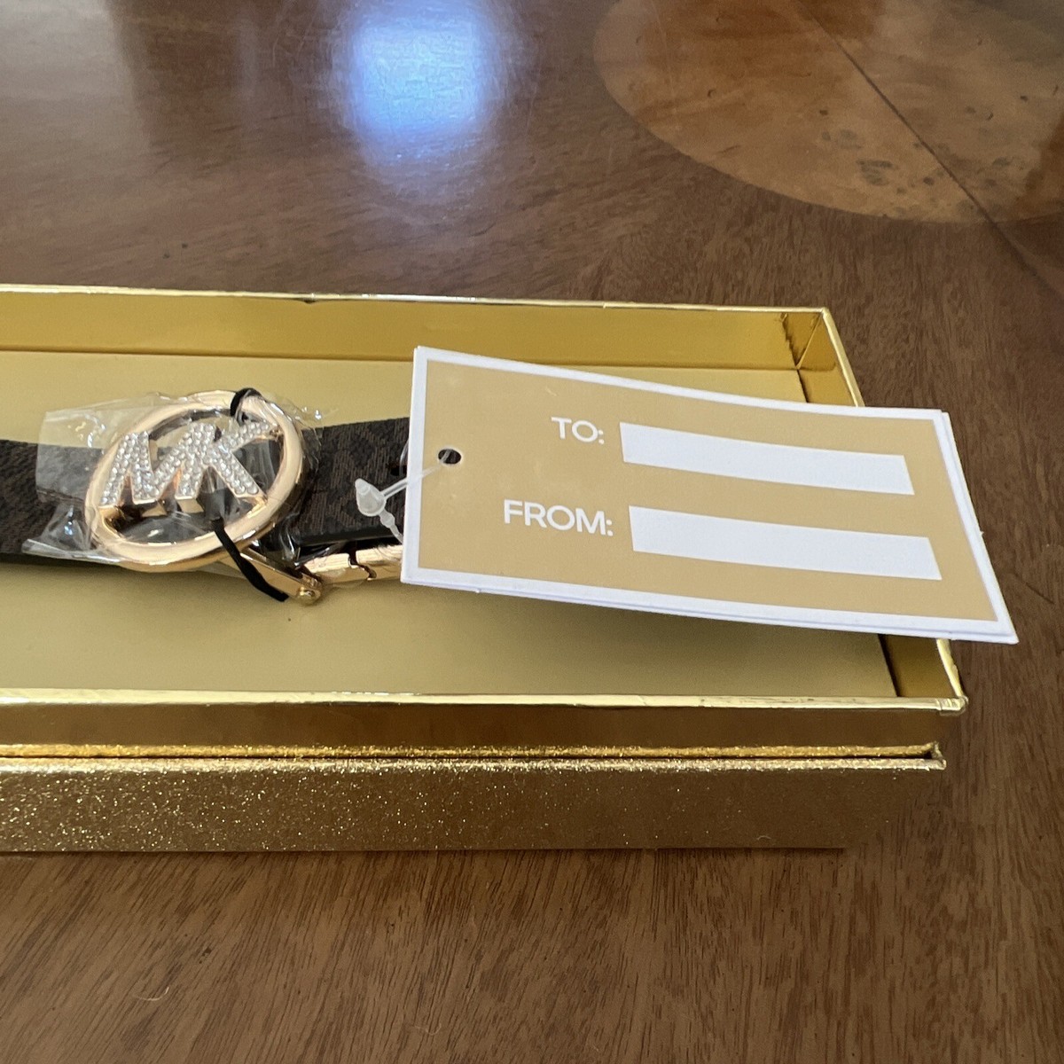 NWT Michael Kors Brown Signature Reversible Pave Logo Belt In Gift