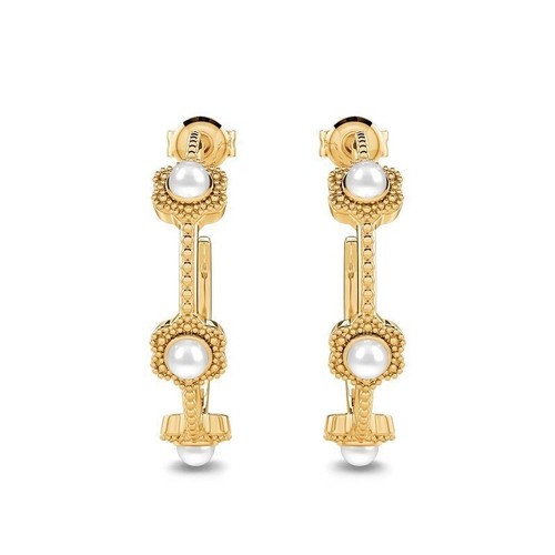 2Ct Round Cut Simulated Pearl Three-Stone Earrings 14K Yellow Gold Finish - Picture 3 of 6