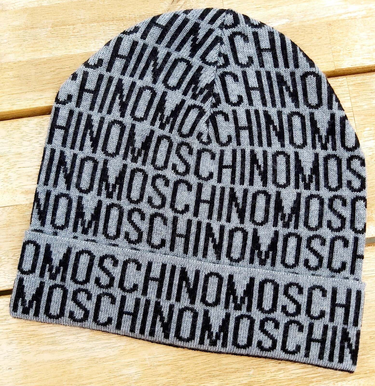 Genuine MOSCHINO 100% Wool Grey / Black CUFF BEANIE Hat Berretto  MADE IN ITALY