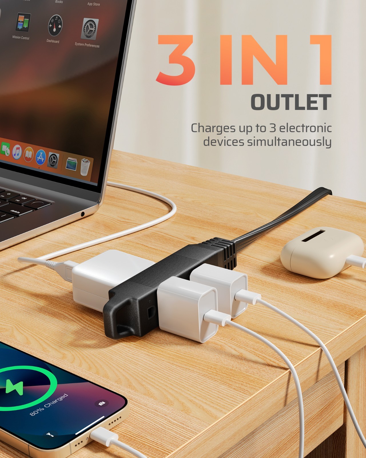 DEWENWILS 360 Degree Rotating Plug 3FT Extension Cord 3 Outlet Flat Wire