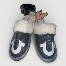 NEW TRUE RELIGION Gray Slippers Rhinestones Logo W/Socks Size XL Has Gift Tag