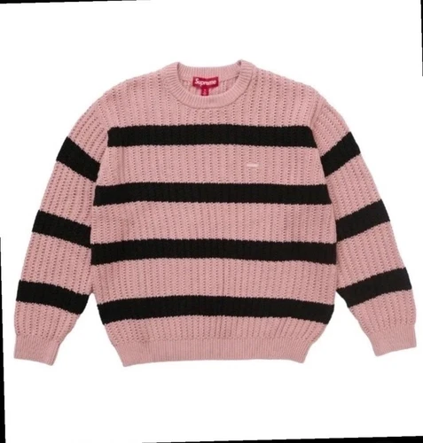 Pull Supreme SS25 Loose Gauge Stripe petite boîte taille grand rose neuf avec étiquette confirmé