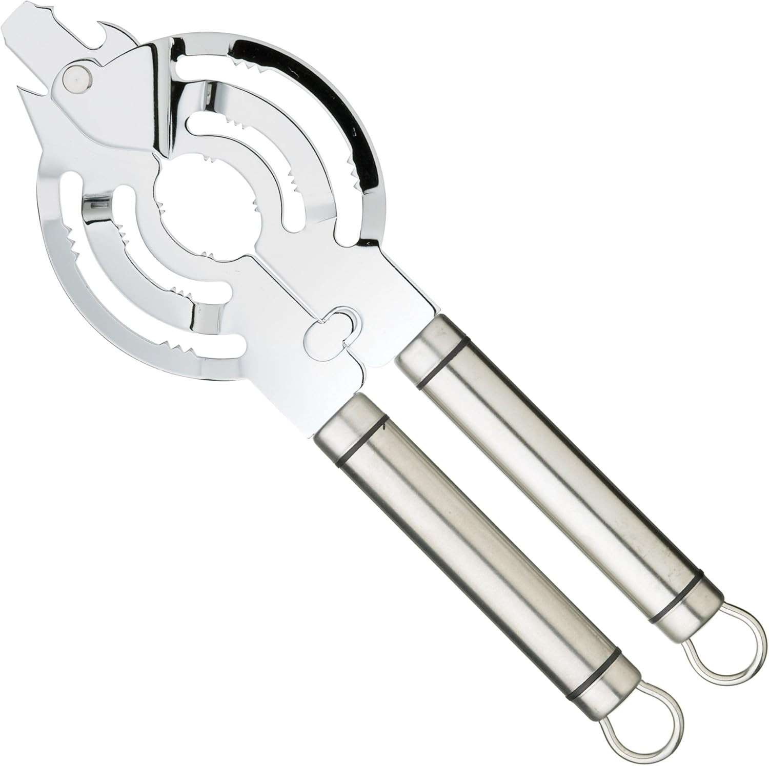 Ouvre-boîte et décapsuleur multifonction en acier inoxydable gris