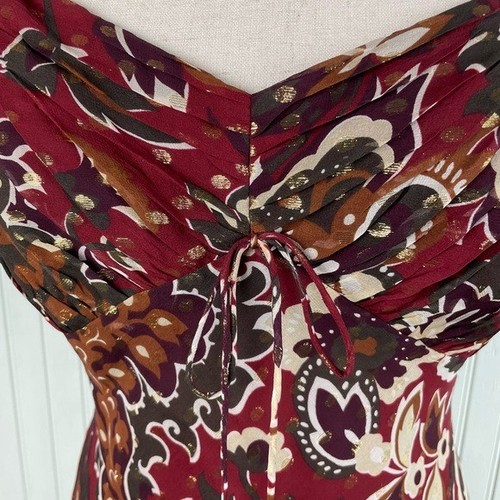 Vintage Y2K Ann Taylor Silk Midi Dress Size 10 Burgundy Gold Floral Print Fairy - Picture 6 of 13