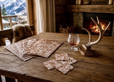 Cowhide Handmade Placemats 30 X 60 cm- SET OF 4 + 4 Coasters , Brown And white