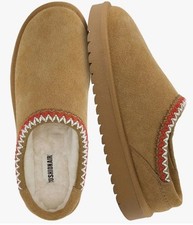 CUSHIONAIRE Keto Suede Mule Slippers Chestnut Faux Fur Lined Slip-On Comfort