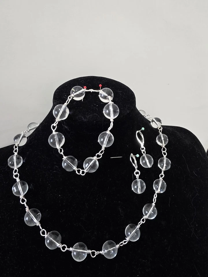 JUEGO DE PARURE NUPCIAL Plata. Cristal de roca natural de mediados de siglo Repro cuarzo Foto 3 de 4