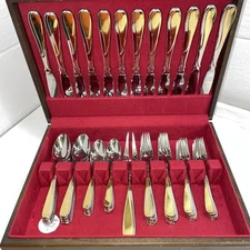 Yamazaki - Florian Stainless-Gold Accent.  12-5 Piece Settings And 6 Serving