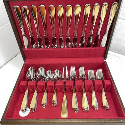 Yamazaki - Florian Stainless-Gold Accent.  12-5 Piece Settings And 6 Serving