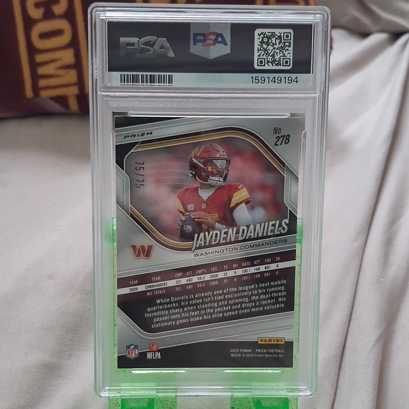 Panini 2025 Prizm Jayden Daniels Commanders #278 Green Scope 75 /75 PSA BOOKEND! view 4