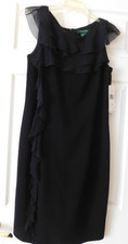 Ralph Lauren Women's Cocktail Dress Size 10 Black Crepe Silk Ruffle Sheath Shift
