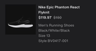 Nike Epic Phantom React Flyknit Black White Men Size 13 Running Shoes BV0417-001