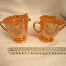 Fire-King Vintage Peach Luster Laurel Leaf Creamer & Sugar Bowl Set
