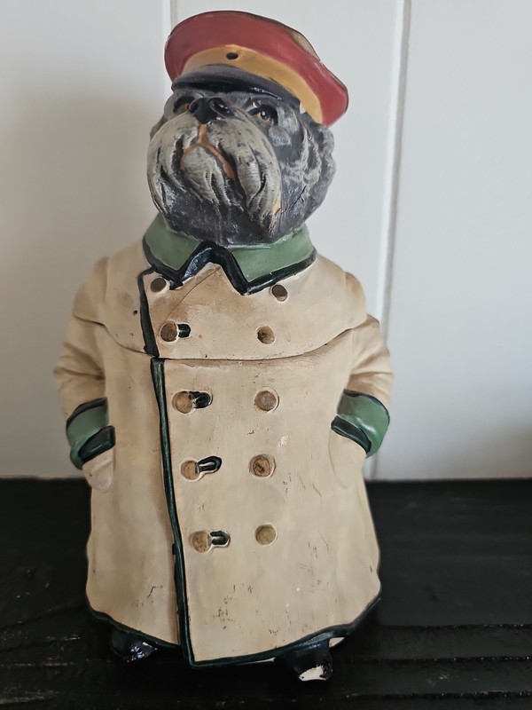 anthrophormic Bulldog Tobacco Jar EUROPEAN CERAMIC STAMPED a11s, Jm, 8620 W/ Lid