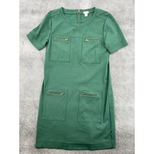 J.Crew Green Ponte Knit Short Sleeve Shift Dress Zip Pockets Size 4 Above Knee