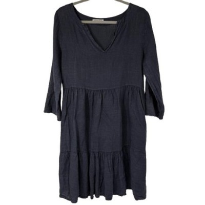 Francesca Bettina 100% Linen 3/4 Sleeve Tiered Dress  Italy Navy Blue M Womens