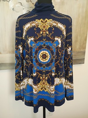 Susan Graver Liquid Knit Ruched turtleneck Long Sleeve Baroque Print Sz Medium 
