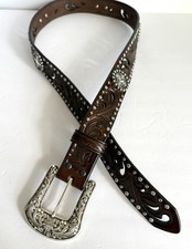 Ariat Western Tooled Brown Leather Belt Rhinestone Buckle Conchos Cowgirl Size L